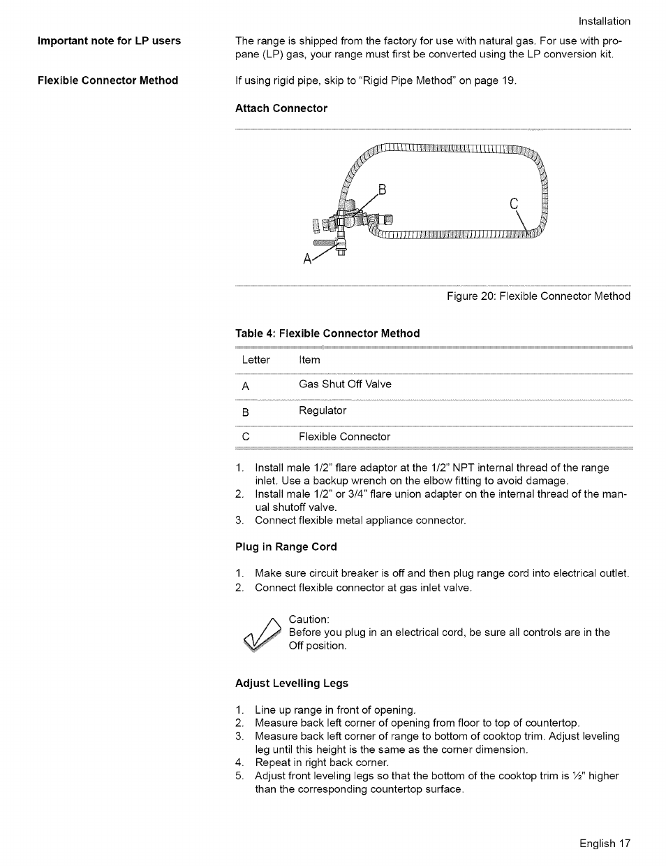 Attach connector, Table 4: flexible connector method, Plug in range cord | Adjust levelling legs | Bosch L0609466 User Manual | Page 19 / 26