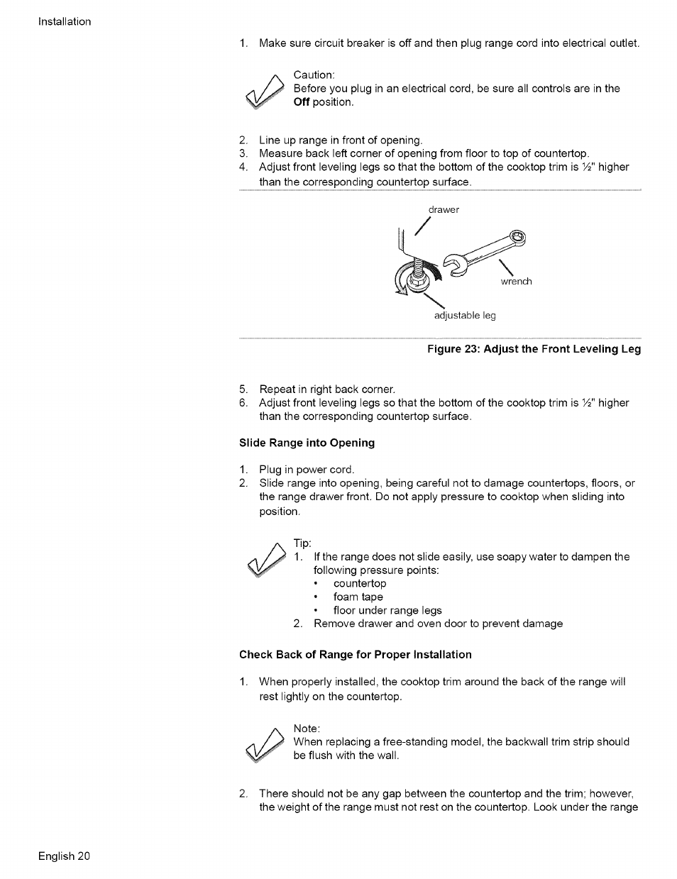 Figure 23: adjust the front leveling leg, Slide range into opening, Check back of range for proper installation | Bosch L0609466 User Manual | Page 22 / 26