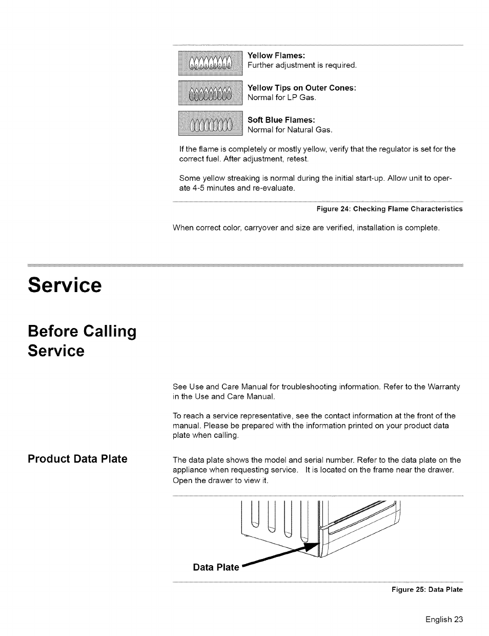 Service, Before calling service, Yellow flames | Yellow tips on outer cones, Soft blue flames | Bosch L0609466 User Manual | Page 25 / 26