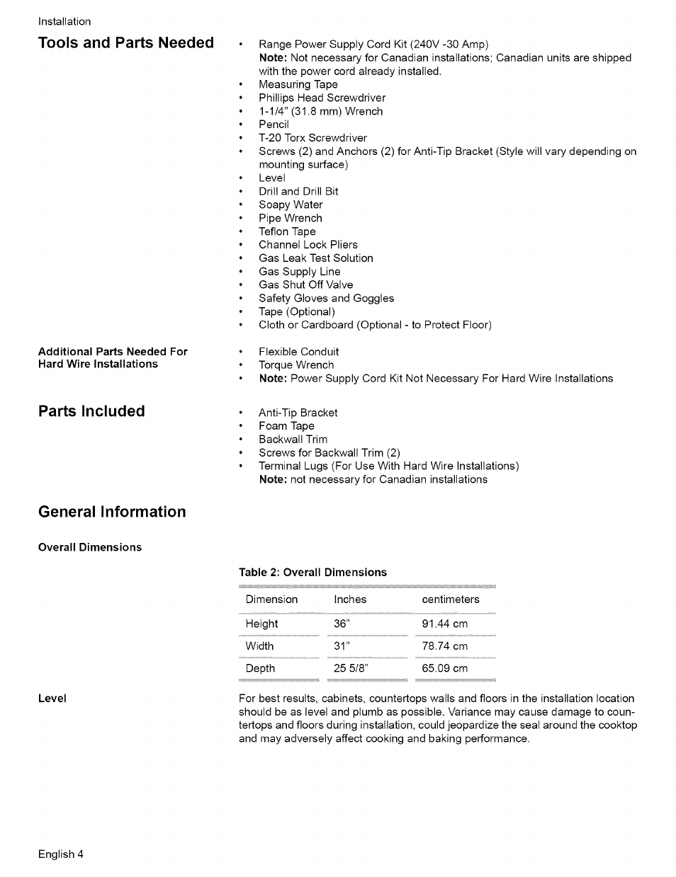 Overall dimensions, Tools and parts needed, Parts included | General information | Bosch L0609466 User Manual | Page 6 / 26