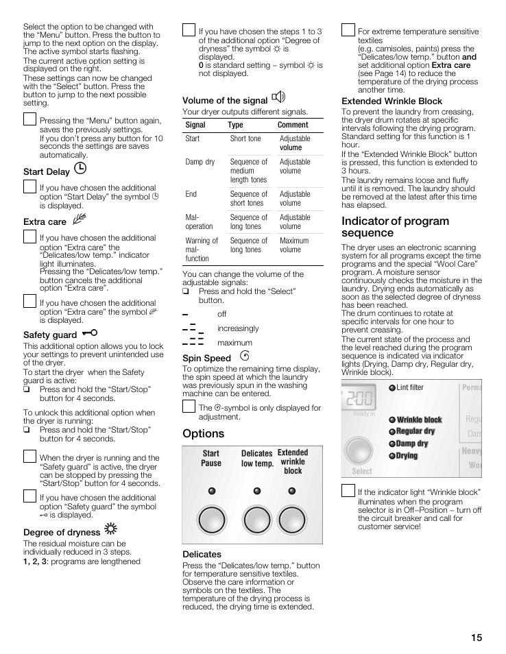 Safety guard, Degree of dryness, Spin speed | Options, Delicates, Extended wrinkle block, Indicator of program sequence, Kli), Signal type comment, Volume | Bosch WTMC8321US/CN User Manual | Page 15 / 72