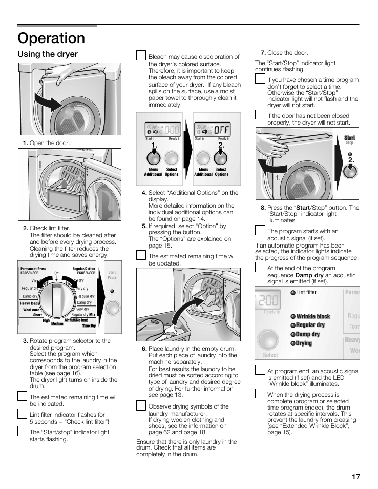 Operation, Using the dryer, Options | O lint filter perm: dij'j, 9 wrinkle block, Oregular dry darr 9damp dry odrying, Woi select | Bosch WTMC8321US/CN User Manual | Page 17 / 72