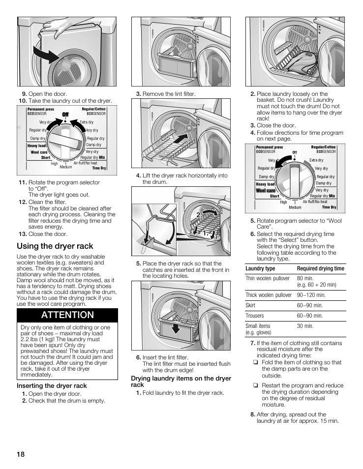 Using the dryer rack, Attention, Inserting the dryer rack | Drying laundry items on the dryer rack, Laundry type required drying time | Bosch WTMC8321US/CN User Manual | Page 18 / 72