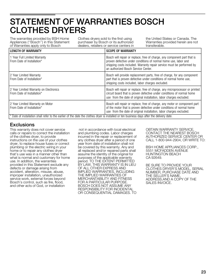 Statement of warranties bosch clothes dryers, Exclusions, Exciusions | Length of warranty scope of warranty | Bosch WTMC8321US/CN User Manual | Page 23 / 72