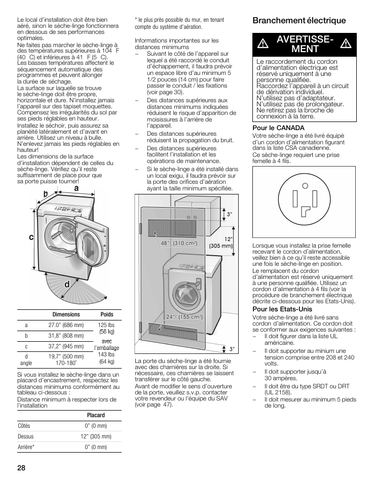 Branchement électrique, Avertisse, Ment | Pour le canada, Pour les etats-unis, Branchement éiectrique, Dimensions poids, Placard, Avertisse­ ment | Bosch WTMC8321US/CN User Manual | Page 28 / 72
