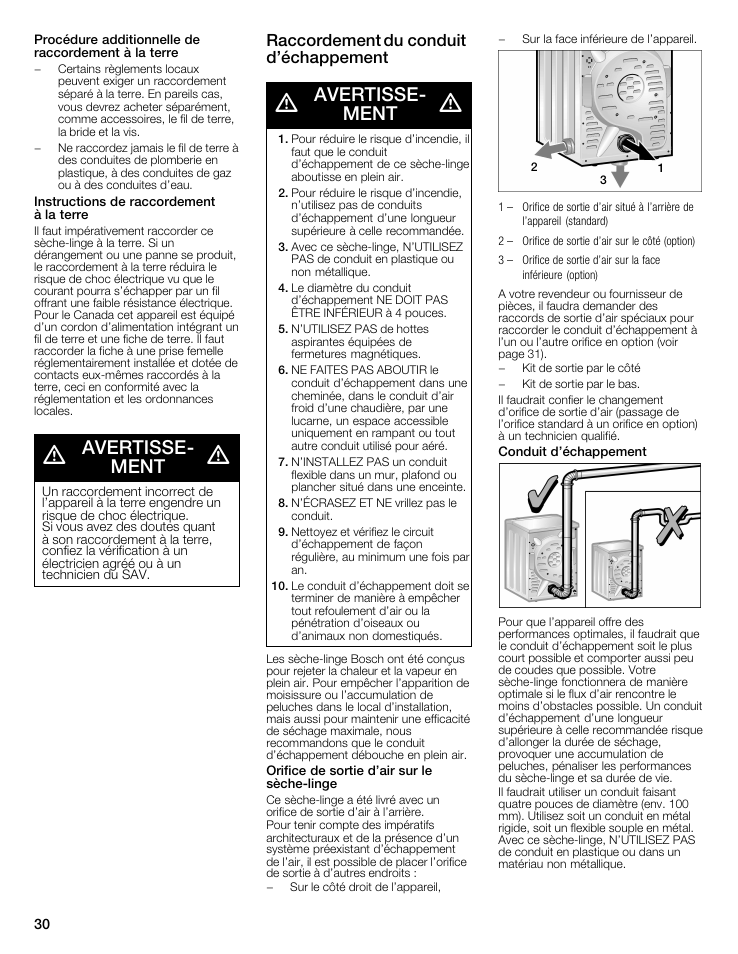 Procédure additionnelle de raccordement à la terre, Instructions de raccordement à la terre, A avertisse- ^ ment | Raccordement du conduit d’échappement, A avertisse- a a ment a, Orifice de sortie d’air sur le sèche-linge, A avertisse- a, Ment | Bosch WTMC8321US/CN User Manual | Page 30 / 72