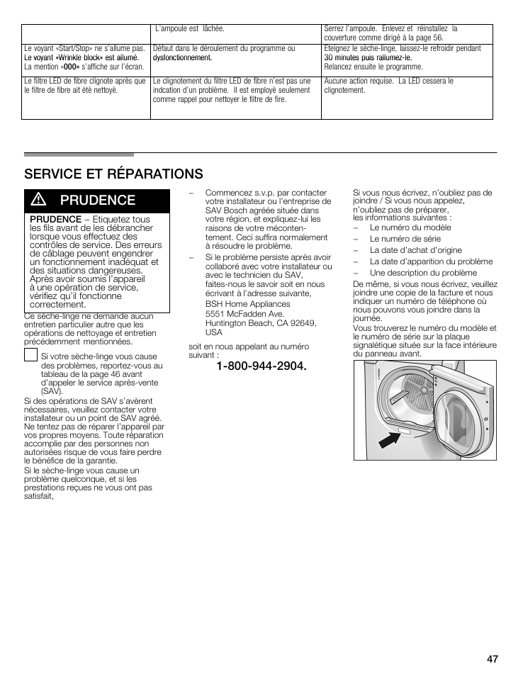 Service et reparations, A prudence, Service et réparations | Service et reparations a prudence | Bosch WTMC8321US/CN User Manual | Page 47 / 72