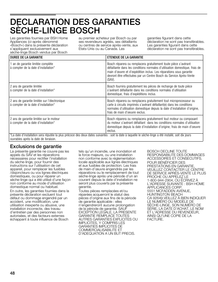 Declaration des garanties sèche-linge bosch, Exclusions de garantie, Declaration des garanties seche-linge bosch | Exciusions de garantie, Duree de la garantie etendue de la garantie | Bosch WTMC8321US/CN User Manual | Page 48 / 72