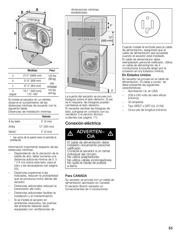 Conexión eléctrica, Adverten, Para canada | En estados unidos, Conexión eiéctrica, Medidas peso, Retrete, Adverten­ cia | Bosch WTMC8321US/CN User Manual | Page 53 / 72