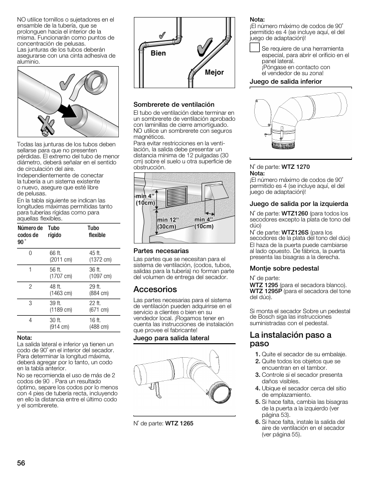Sombrerete de ventilación, Partes necesarias, Accesorios | La instalación paso a paso, La instaiación paso a paso, Número de codos de 90° tubo rígido tubo flexible | Bosch WTMC8321US/CN User Manual | Page 56 / 72