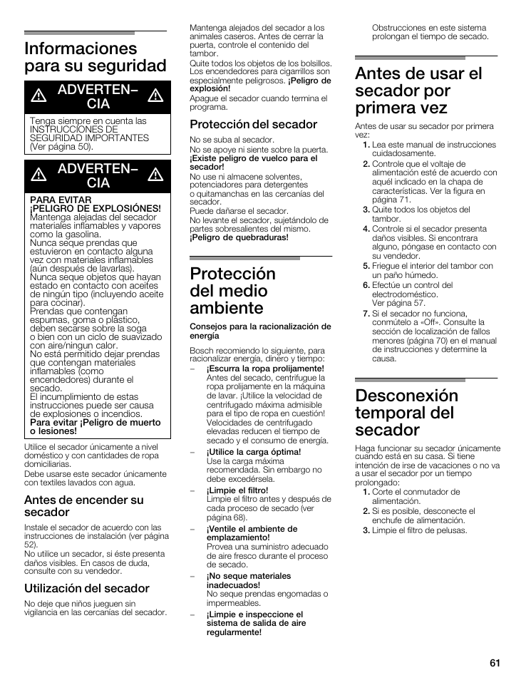 Adverten, Para evitar, Peligro de explosiones | Para evitar ¡peligro de muerto o lesiones, Antes de encender su secador, Utilización del secador, Protección del secador, Protección dei secador, Informaciones para su seguridad, Protección del medio ambiente | Bosch WTMC8321US/CN User Manual | Page 61 / 72