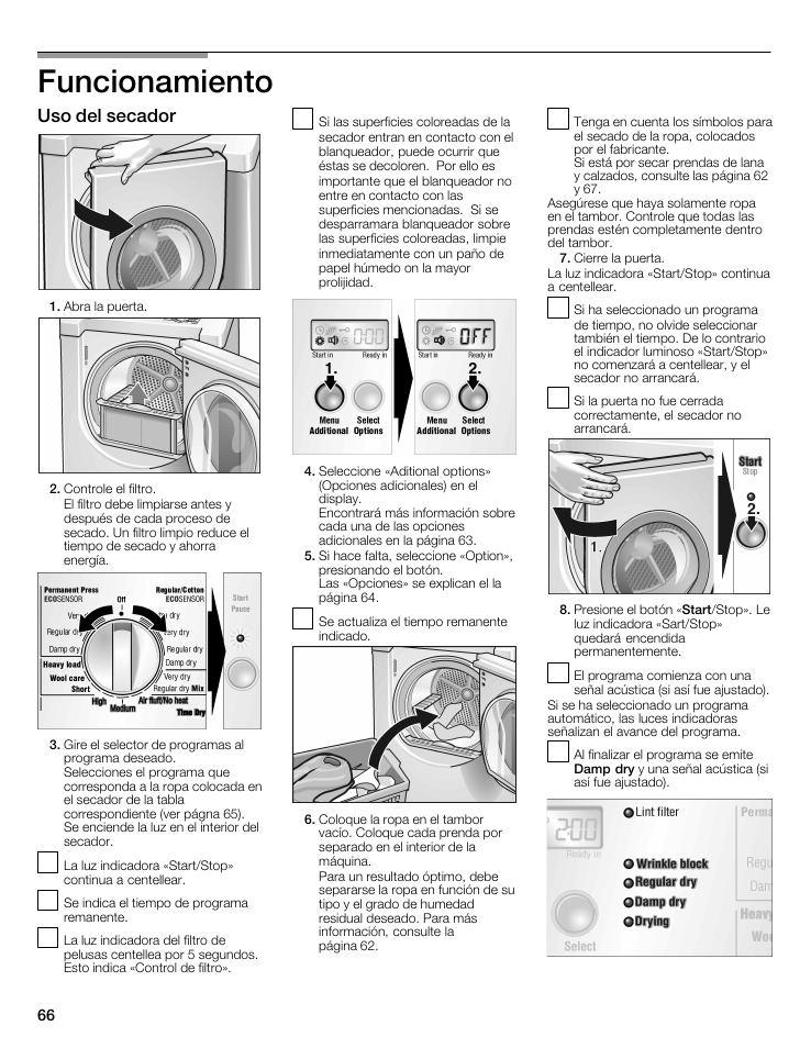 Funcionamiento, Uso del secador, Uso dei secador | Bosch WTMC8321US/CN User Manual | Page 66 / 72