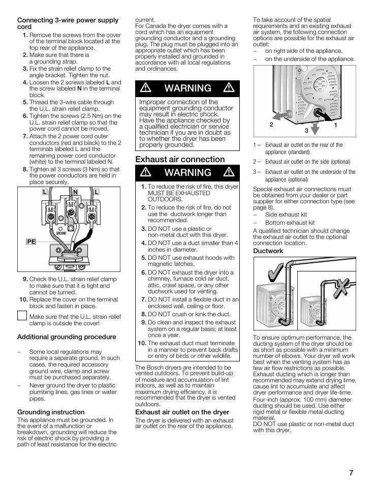 Connecting 3-wire power supply cord, Additional grounding procedure, Grounding instruction | A warning a, Exhaust air connection, Exhaust air outlet on the dryer, Ductwork, Grounding instrugtions, Warning | Bosch WTMC8321US/CN User Manual | Page 7 / 72