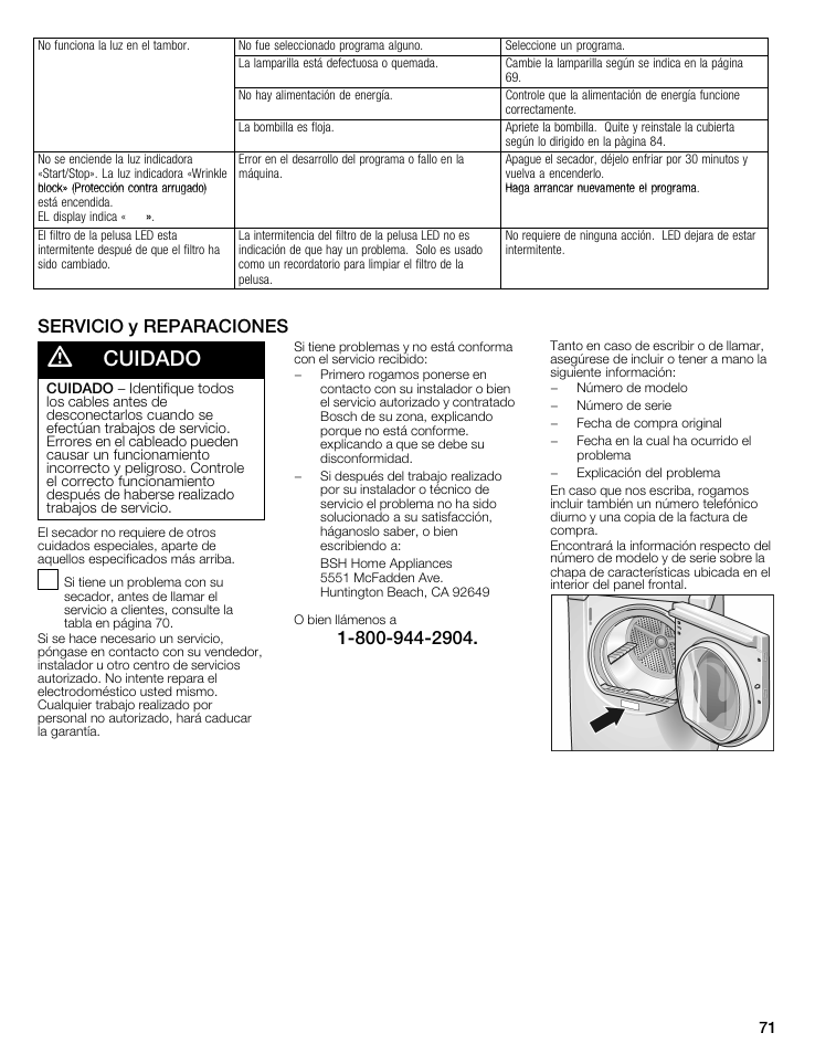 Servicio y reparaciones, A cuidado | Bosch WTMC8321US/CN User Manual | Page 71 / 72