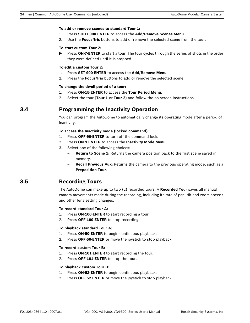 4 programming the inactivity operation, 5 recording tours | Bosch VG4-200 User Manual | Page 28 / 76