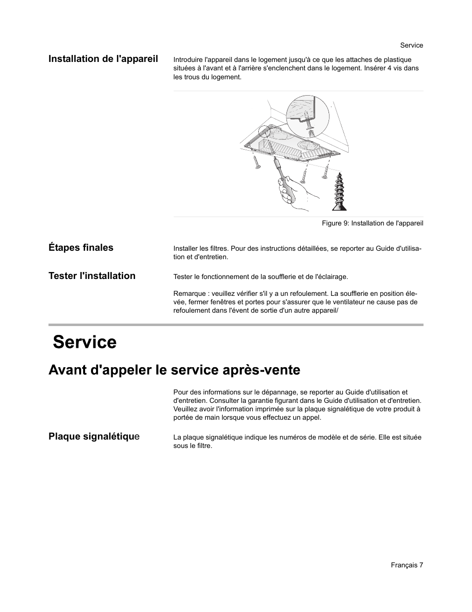 Installation de l'appareil, Étapes finales, Tester l'installation | Plaque signalétiqu e | Bosch DHL 755 B User Manual | Page 17 / 28