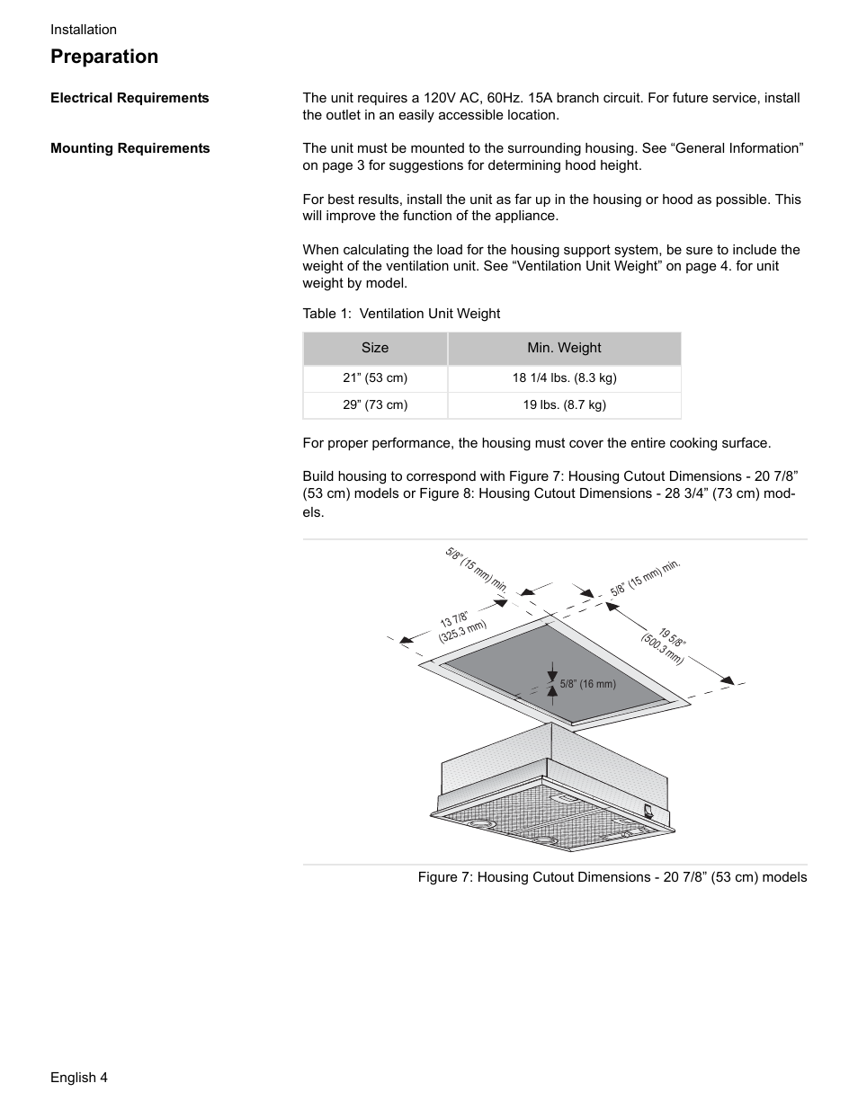 Preparation, Electrical requirements, Mounting requirements | Table 1: ventilation unit weight | Bosch DHL 755 B User Manual | Page 6 / 28