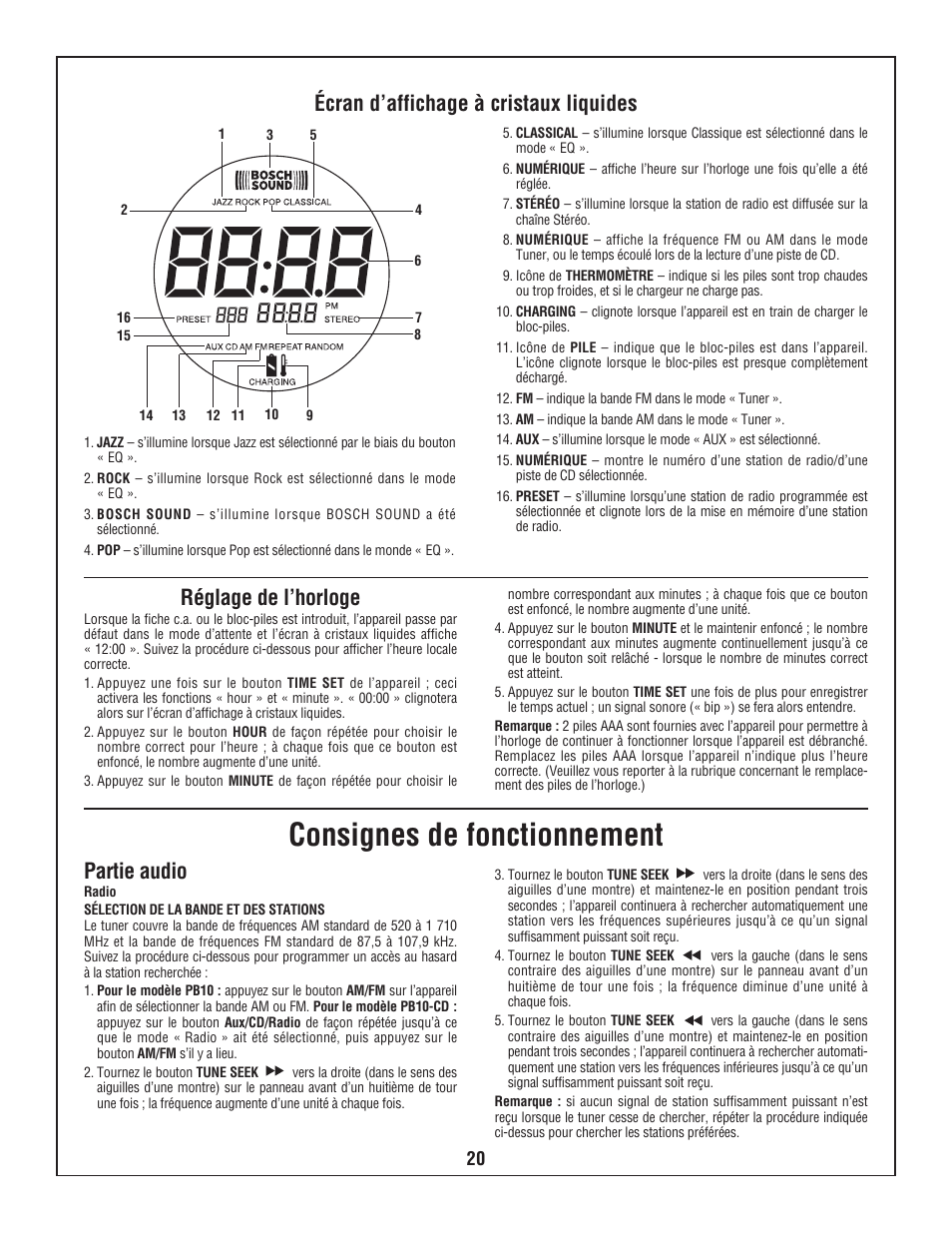 Consignes de fonctionnement, Écran d’affichage à cristaux liquides, Réglage de l’horloge | Partie audio | Bosch PB10-CD User Manual | Page 20 / 40