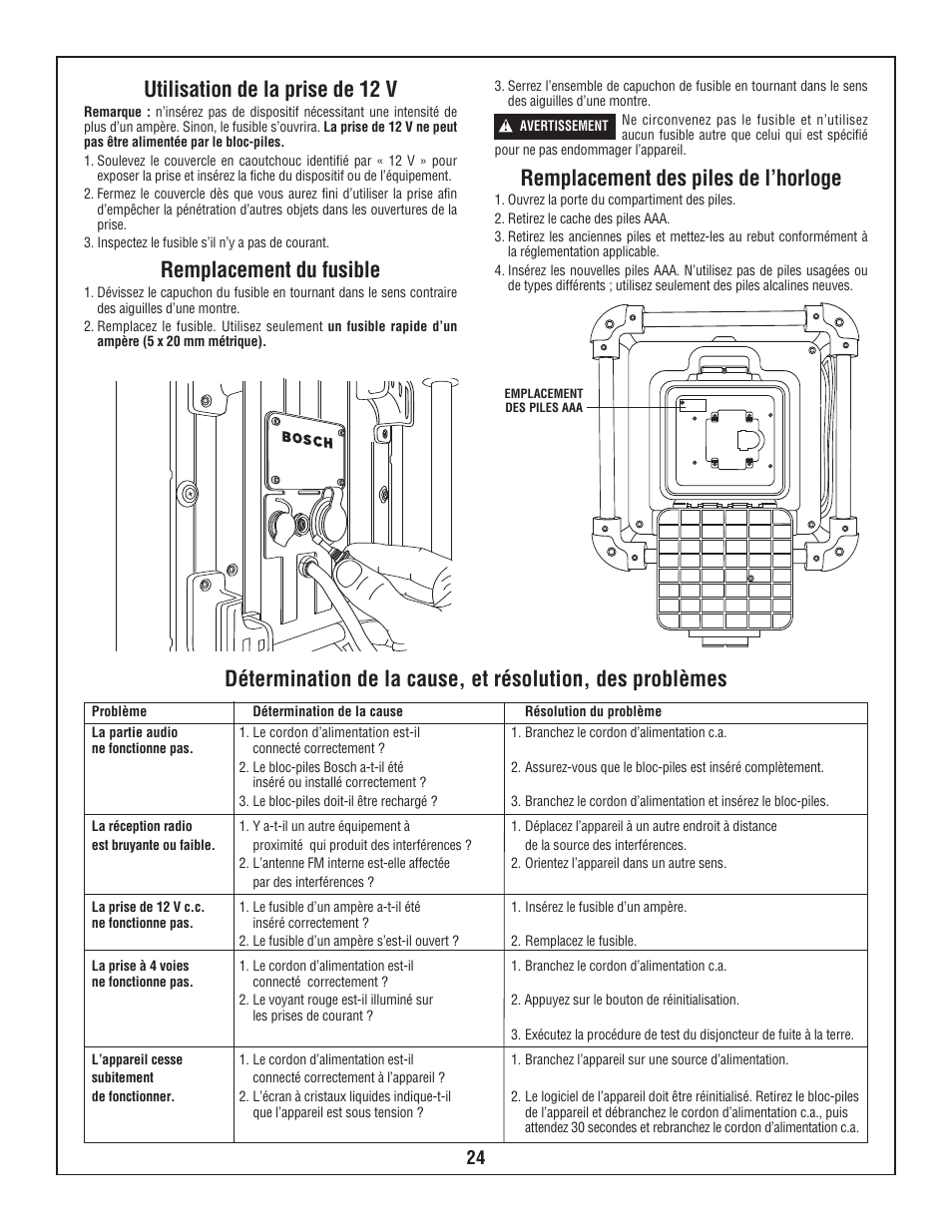 Utilisation de la prise de 12 v, Remplacement du fusible, Remplacement des piles de l’horloge | Bosch PB10-CD User Manual | Page 24 / 40