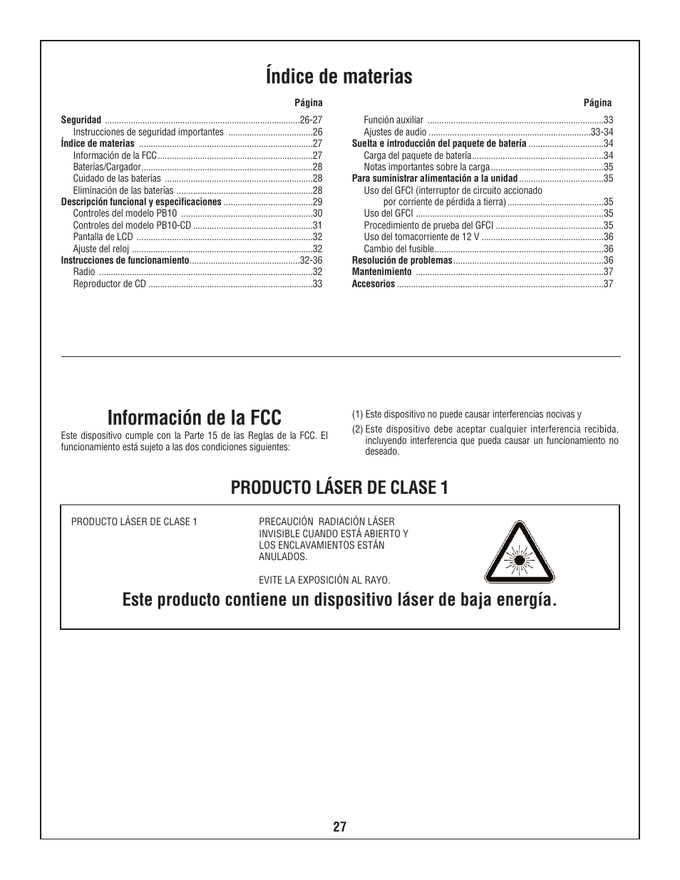 Índice de materias, Información de la fcc | Bosch PB10-CD User Manual | Page 27 / 40