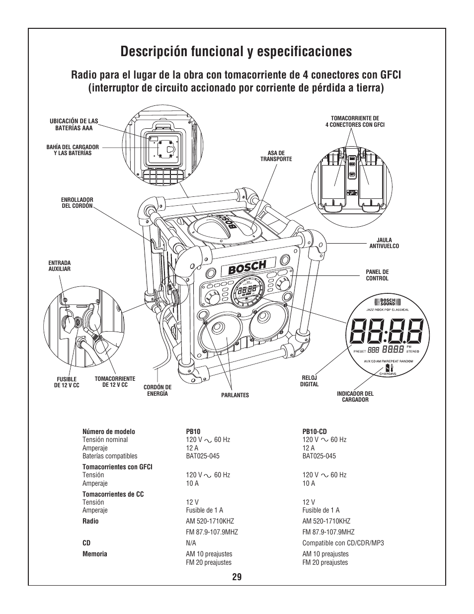 Descripción funcional y especificaciones | Bosch PB10-CD User Manual | Page 29 / 40