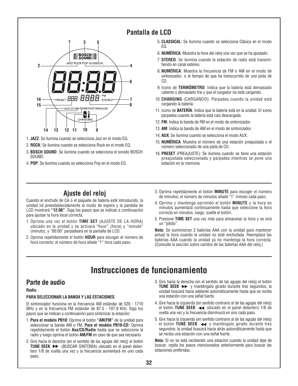 Instrucciones de funcionamiento, Pantalla de lcd, Ajuste del reloj | Parte de audio | Bosch PB10-CD User Manual | Page 32 / 40