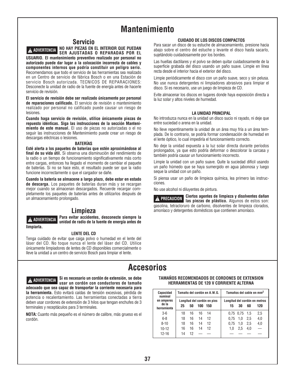 Mantenimiento accesorios, Servicio, Limpieza | Bosch PB10-CD User Manual | Page 37 / 40