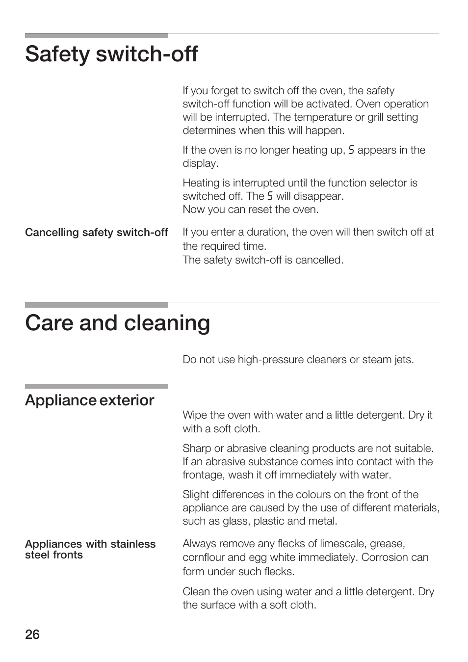 Safety switchćoff, Care and cleaning, Appliance exterior | Bosch HBC84K5.0A User Manual | Page 26 / 52