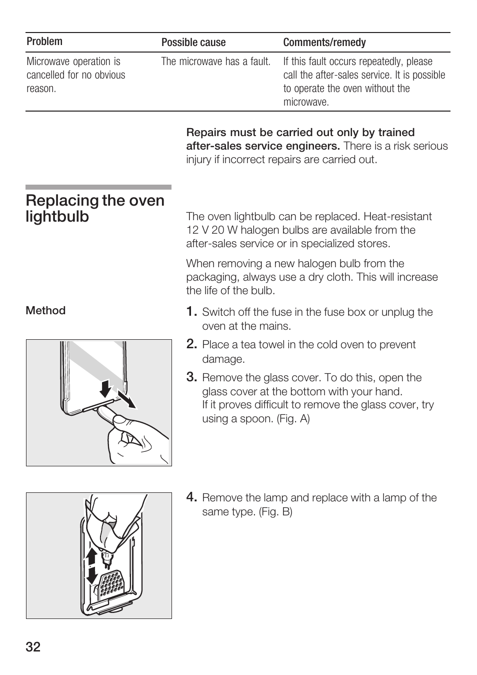 Replacing the oven lightbulb | Bosch HBC84K5.0A User Manual | Page 32 / 52