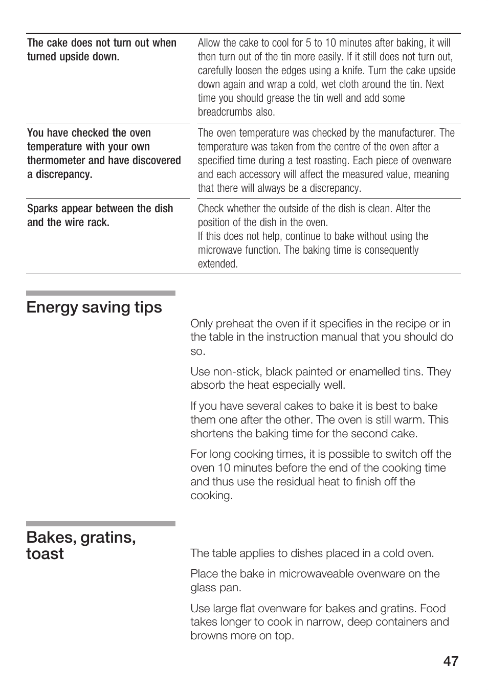 Energy saving tips bakes, gratins, toast | Bosch HBC84K5.0A User Manual | Page 47 / 52