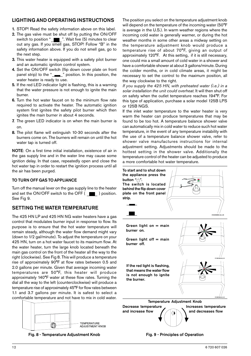 Lighting and operating instructions, Setting the water temperature | Bosch GWH 425 HN User Manual | Page 12 / 24