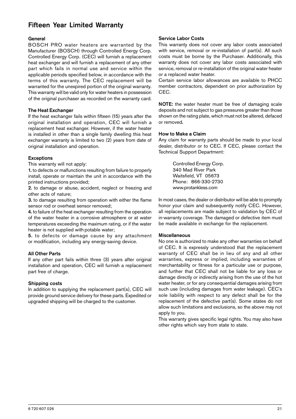 Fifteen year limited warranty | Bosch GWH 425 HN User Manual | Page 21 / 24