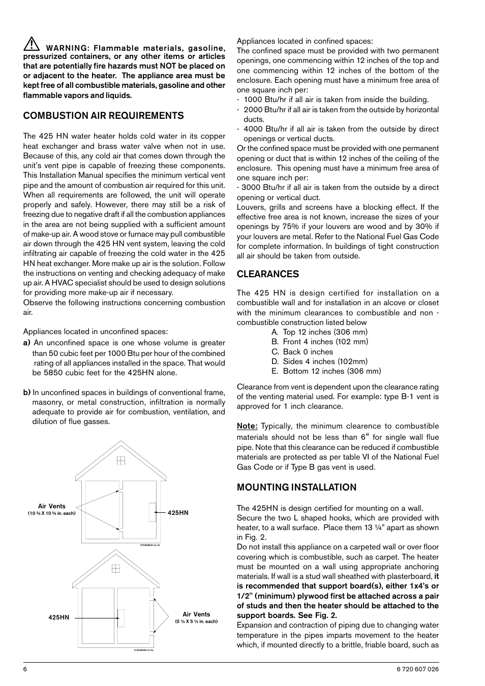 Combustion air requirements, Clearances, Mounting installation | Bosch GWH 425 HN User Manual | Page 6 / 24