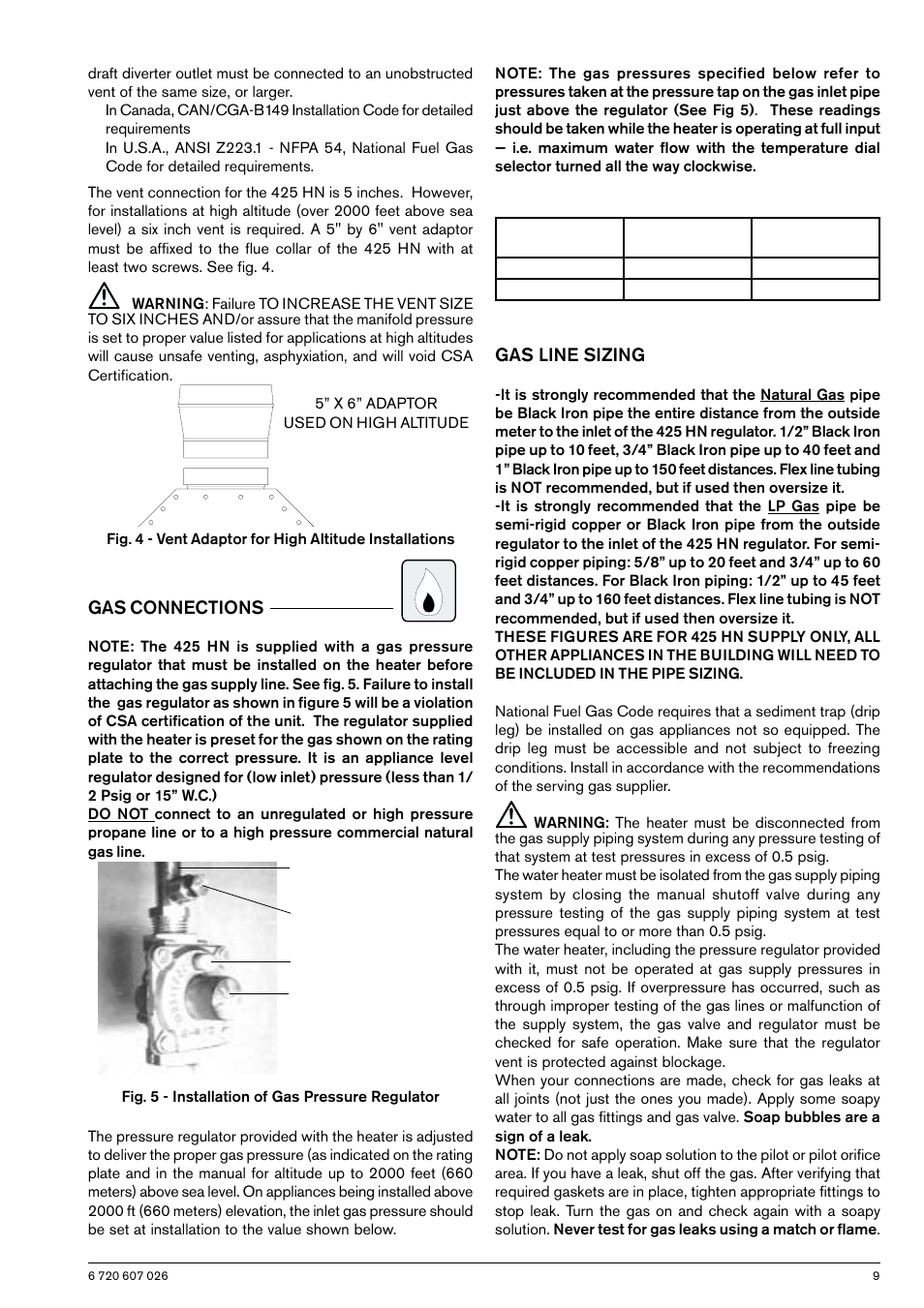 Gas connections, Gas line sizing | Bosch GWH 425 HN User Manual | Page 9 / 24