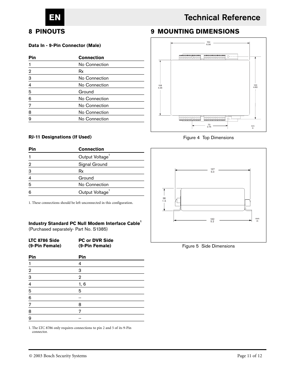 Technical reference en, 8 pinouts, 9 mounting dimensions | Bosch LTC 8786/50 User Manual | Page 11 / 12