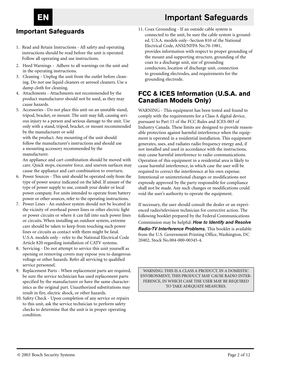 Important safeguards en, Important safeguards | Bosch LTC 8786/50 User Manual | Page 2 / 12
