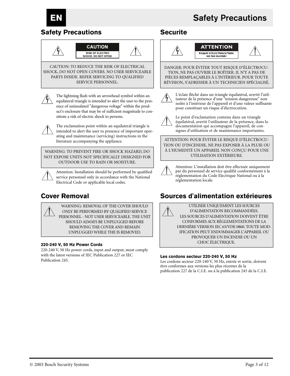 Safety precautions en, Safety precautions, Cover removal | Securite, Sources d'alimentation extérieures | Bosch LTC 8786/50 User Manual | Page 3 / 12