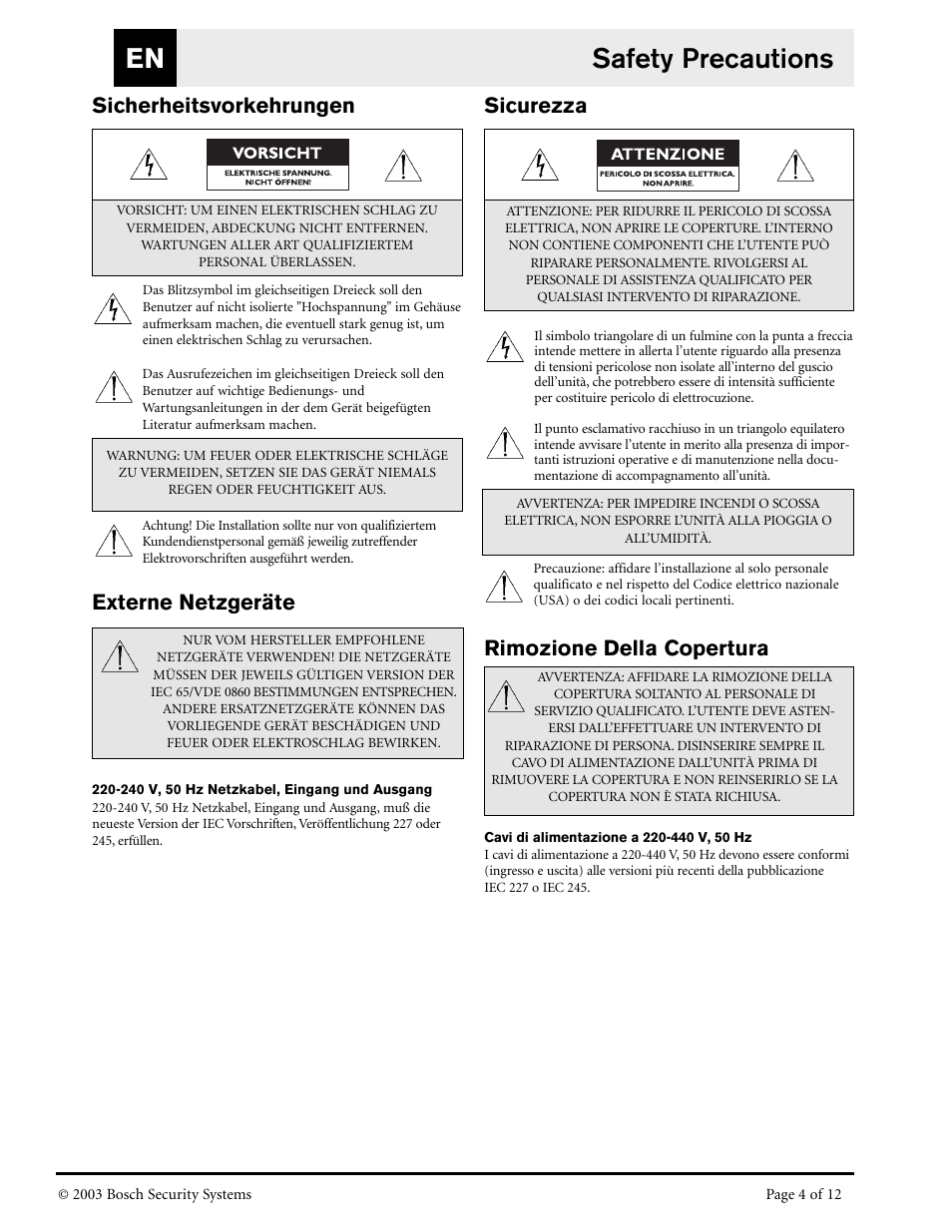 Safety precautions en, Sicherheitsvorkehrungen, Externe netzgeräte | Sicurezza, Rimozione della copertura | Bosch LTC 8786/50 User Manual | Page 4 / 12