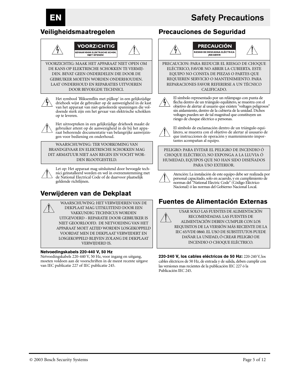 Safety precautions en, Veiligheidsmaatregelen, Verwijderen van de dekplaat | Precauciones de seguridad, Fuentes de alimentación externas | Bosch LTC 8786/50 User Manual | Page 5 / 12