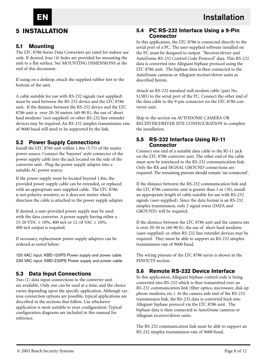 Installation en, 5 installation | Bosch LTC 8786/50 User Manual | Page 8 / 12