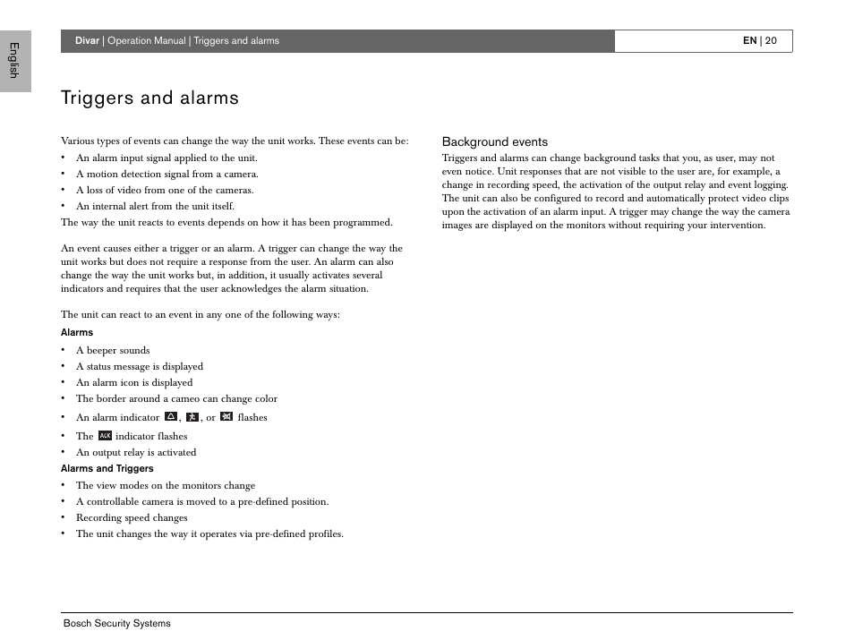 Triggers and alarms | Bosch EN User Manual | Page 22 / 34
