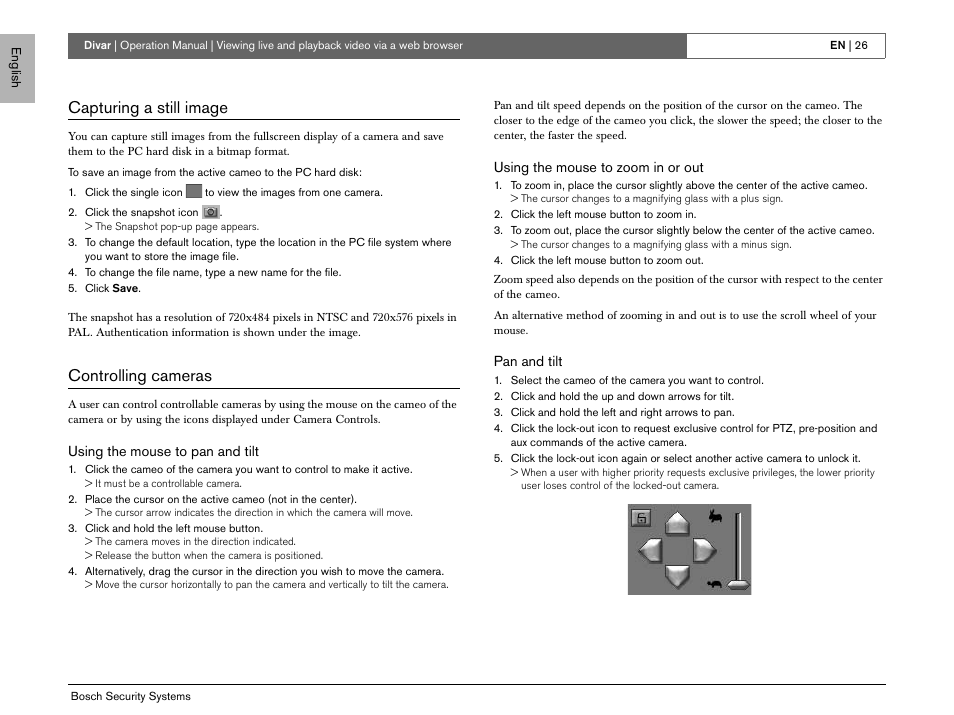 Capturing a still image, Controlling cameras | Bosch EN User Manual | Page 28 / 34