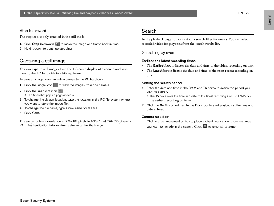 Capturing a still image, Search | Bosch EN User Manual | Page 31 / 34