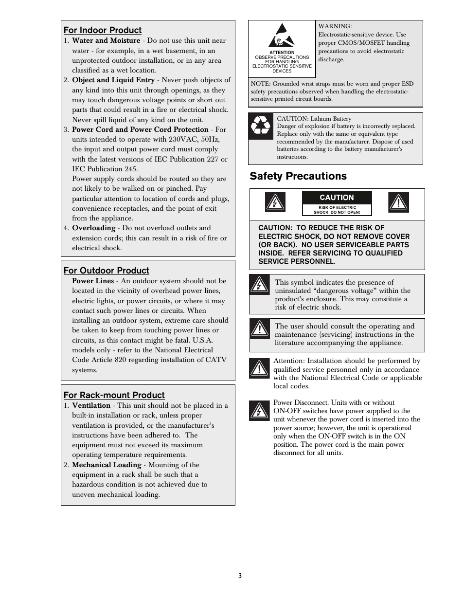 Safety precautions, For indoor product, For outdoor product | For rack-mount product | Bosch DVR1EP32A User Manual | Page 3 / 40