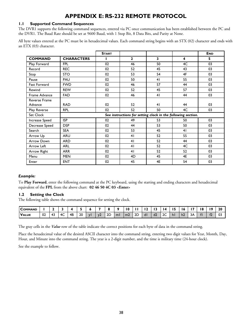 Appendix e: rs-232 remote protocol | Bosch DVR1EP32A User Manual | Page 38 / 40