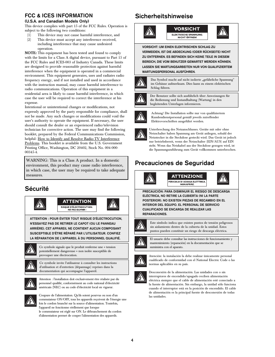 Sicherheitshinweise, Precauciones de seguridad, Sécurité | Fcc & ices information | Bosch DVR1EP32A User Manual | Page 4 / 40