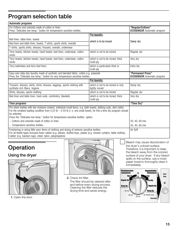 Program selection table, Operation, Using the dryer | Bosch WTMC5321US/CN User Manual | Page 15 / 68