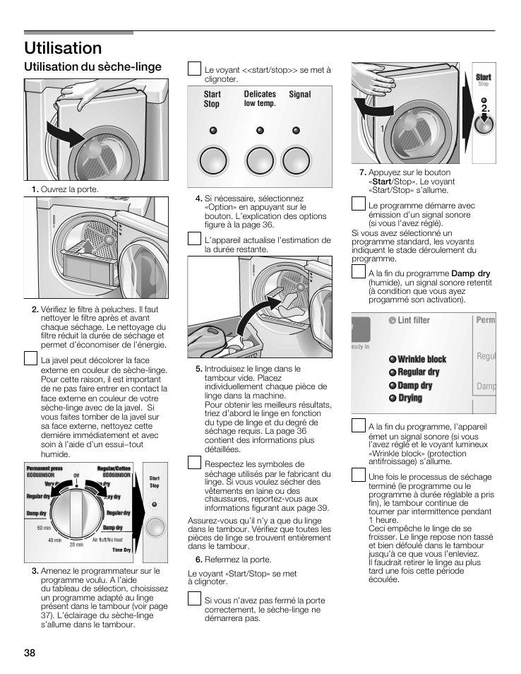 Utilisation, Utilisation du sèche-linge | Bosch WTMC5321US/CN User Manual | Page 38 / 68