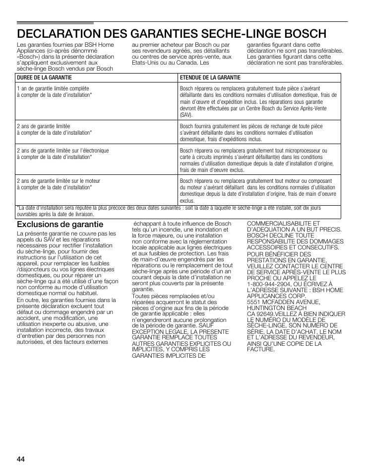 Declaration des garanties seche-linge bosch, Exclusions de garantie | Bosch WTMC5321US/CN User Manual | Page 44 / 68