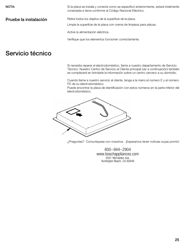 Servicio técnico, Pruebe la instalación | Bosch NIT8653UC User Manual | Page 25 / 26